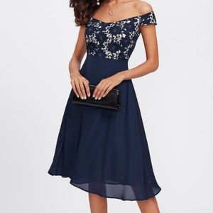 Off shoulder blue dress with lace bodice
